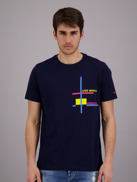 

FREESOUL Men Blue Printed Cotton T-shirt
