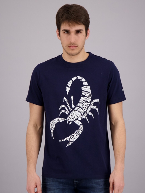 

FREESOUL Men Navy Blue & White Typography Pure Cotton Printed T-shirt