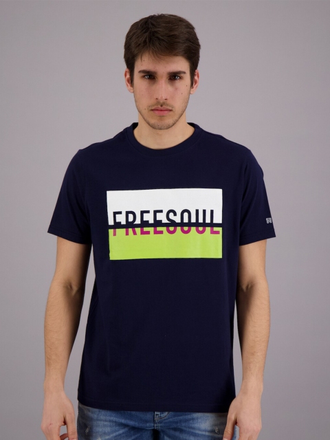 

FREESOUL Men Navy Blue Typography Printed Pure Cotton T-shirt
