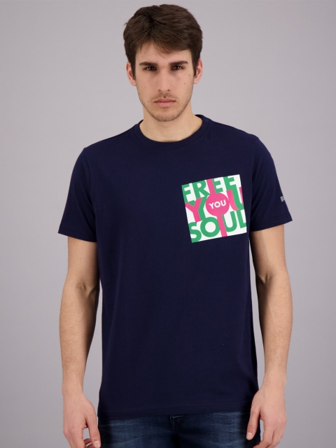 

FREESOUL Men Navy Blue Printed Pure Cotton T-shirt