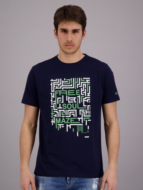 

FREESOUL Men Blue Typography Printed Pure Cotton T-shirt