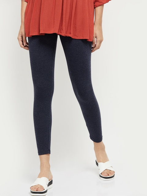 

max Women Navy Blue Solid Ankle-Length Cotton Leggings