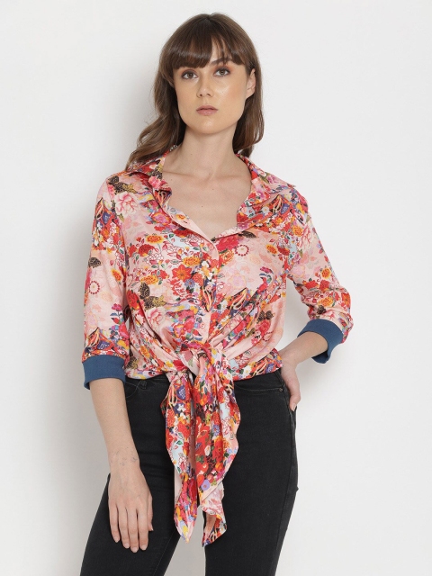 

SHAYE Peach-Coloured Floral Print Shirt Style Top