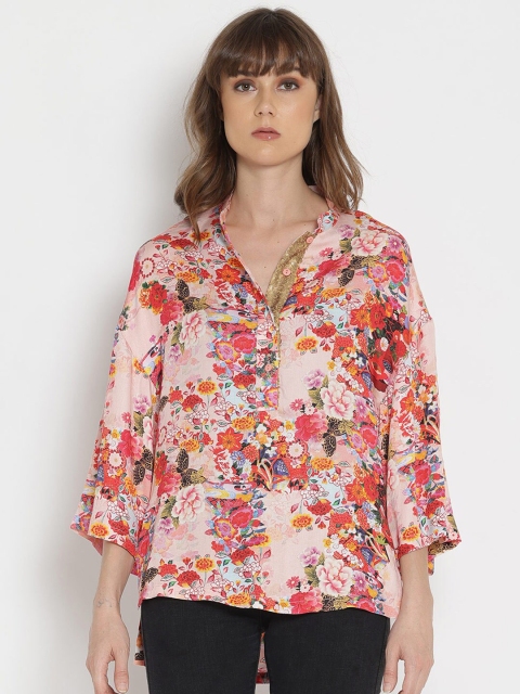 

SHAYE Peach-Coloured Floral Print Shirt Style Top