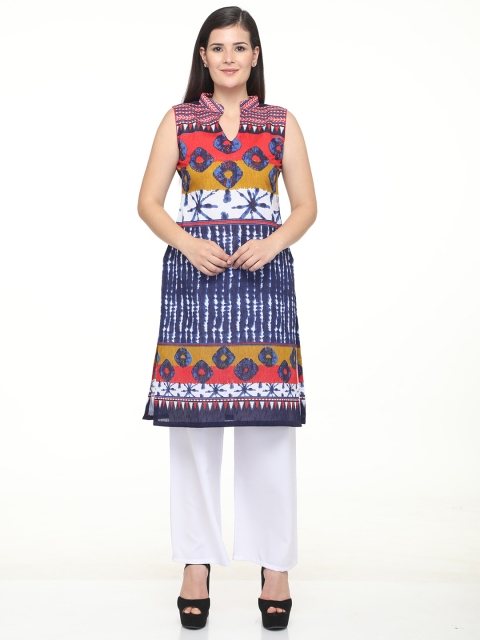 

DEGE Women Blue & White Geometric Dyed Mandarin Collar Cotton Straight Kurta