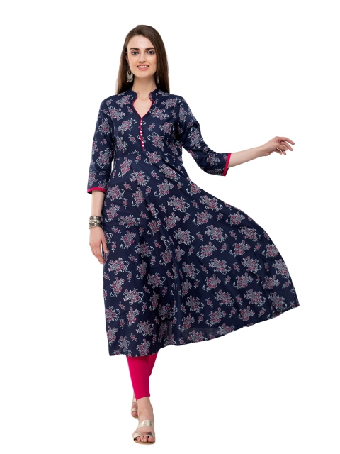 

DEGE Women Blue & Pink Floral Printed Pure cotton Anarkali Kurta