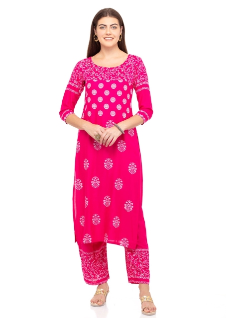 

DEGE Women Pink & White Ethnic Motifs Printed Round Neck Cotton Straight Kurta