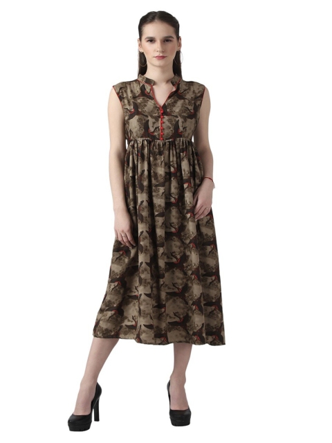 

DEGE Brown Printed Mandarin Collar Crepe Midi Dress