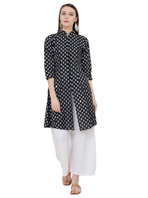 

DEGE Black & White Ethnic Motifs Printed Pure Cotton Kurti