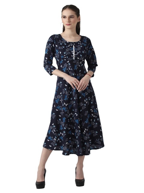 

DEGE Blue Floral Ethnic Midi Dress