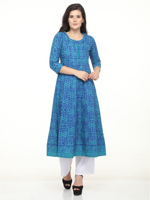 

DEGE Women Blue Ethnic Motifs Printed Pure Cotton A-Line Kurta