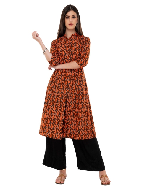 

DEGE Women Orange & Black Ethnic Motifs Printed Mandarin Collar A-line Kurta