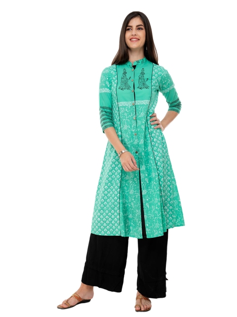 

DEGE Women Green Printed Front Slit Kurta