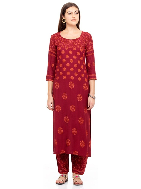 

DEGE Women Red & Orange Ethnic Motifs Printed Round Neck Cotton Straight Kurta