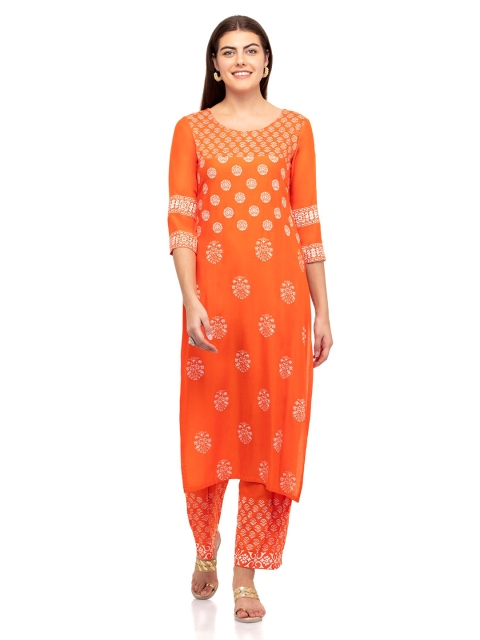 

DEGE Women Orange & White Ethnic Motifs Printed Kurta