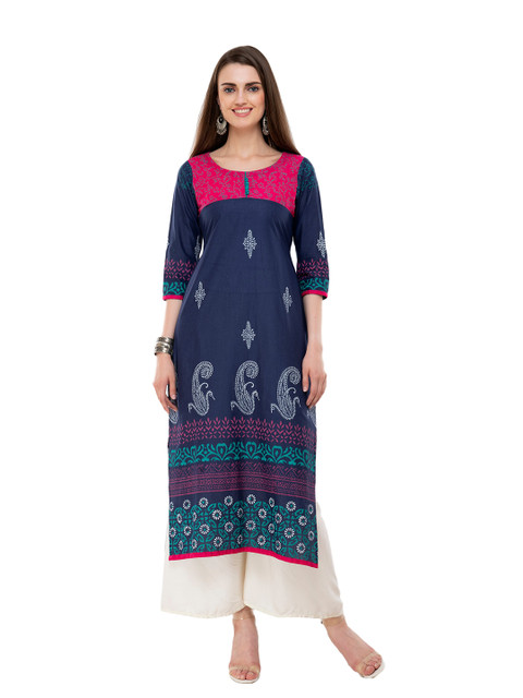 

DEGE Women Navy Blue & Pink Ethnic Motifs Printed Pure Cotton Kurta