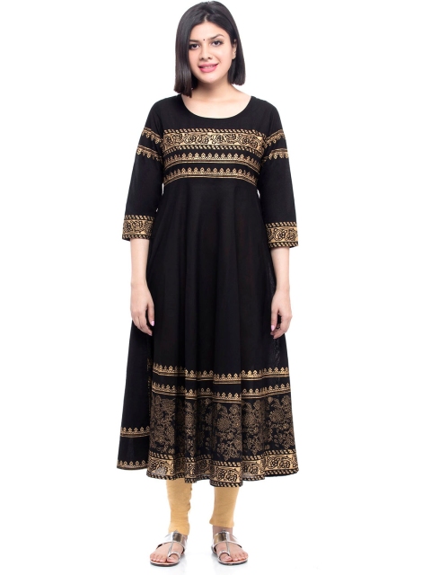 

DEGE Women Black & Gold-Toned Printed Pure cotton Anarkali Kurta