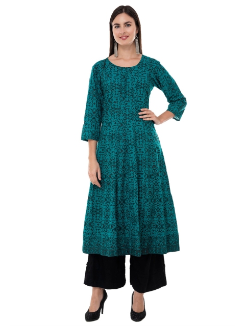 

DEGE Women Black & Green Abstract Printed Pure Cotton A-Line Kurta