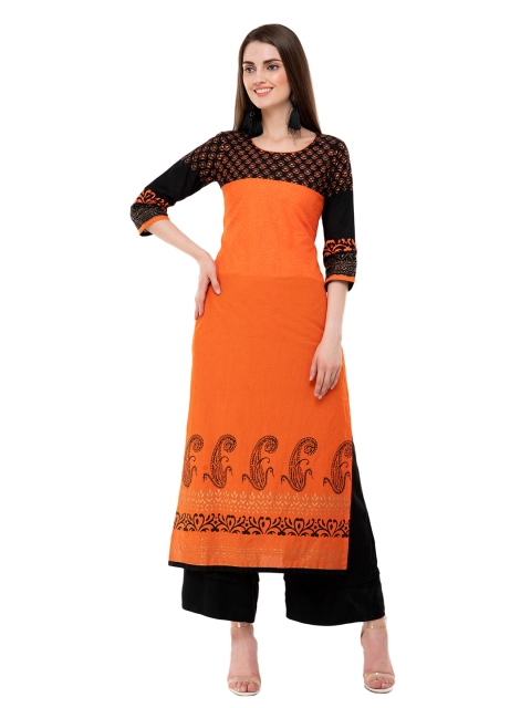 

DEGE Women Orange & Black Ethnic Motifs Printed Round Neck Cotton Straight Kurta