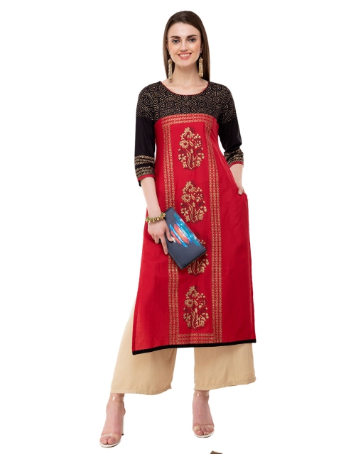 

DEGE Women Red & Black Printed Pure cotton Kurta