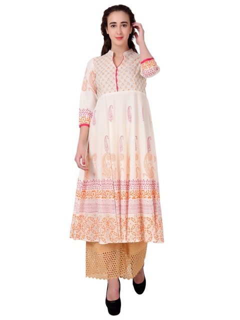 

DEGE Women White & Peach-Coloured Ethnic Motifs Printed Kurta