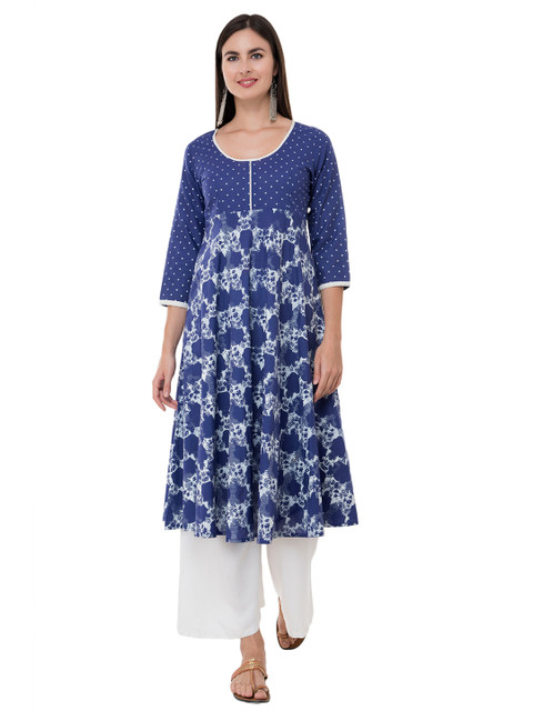 

DEGE Women Blue Floral Printed Anarkali Pure cotton Kurta