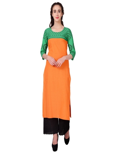 

DEGE Women Orange & Green Solid Pure Cotton A-Line Kurta
