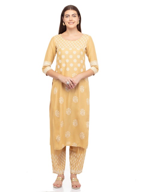 

DEGE Women Beige & White Ethnic Motifs Printed Kurta