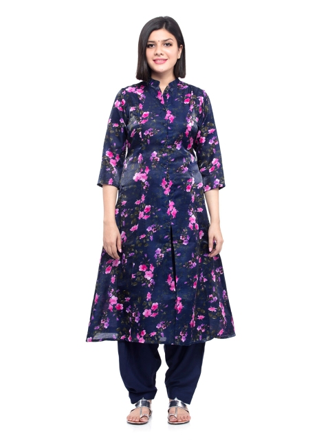 

DEGE Women Blue & Pink Floral Printed A-Line Kurta