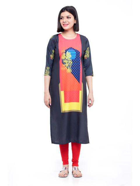 

DEGE Women Grey & Pink Printed Round Neck Crepe Straight Kurta