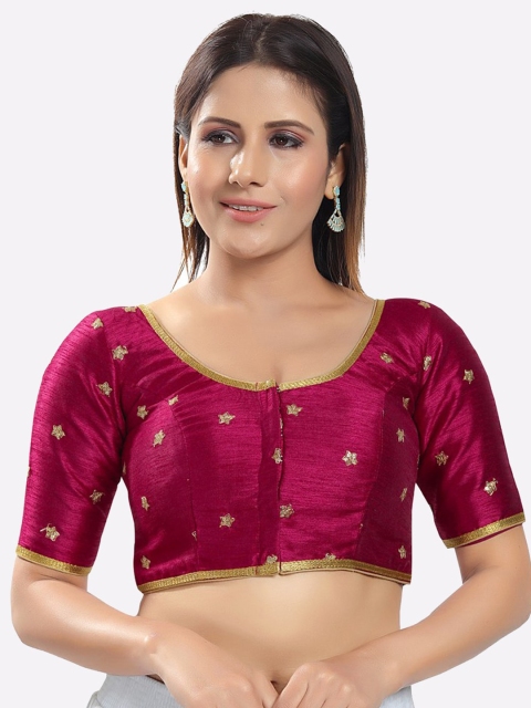 

SALWAR STUDIO Women Magenta-PInk & Gold-Coloured Embroidered Silk Saree Blouse