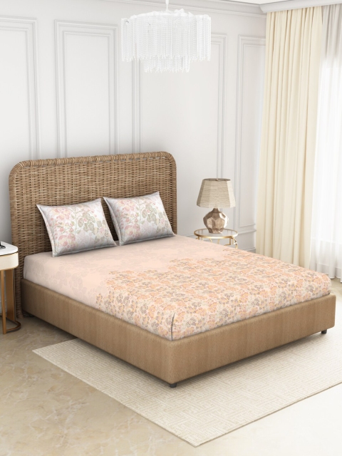 

SPACES Beige & Yellow Floral 144 TC Cotton Anti-Viral Queen Bedsheet with 2 Pillow Covers