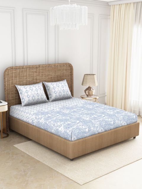 

SPACES Blue & White Floral 144 TC Pure Cotton Queen Bedsheet with 2 Pillow Covers