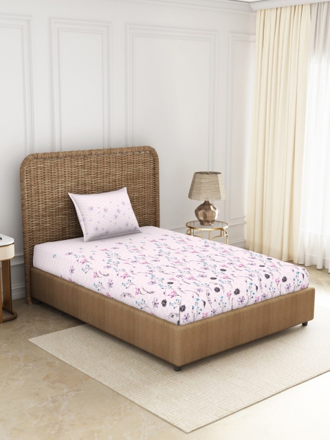 

SPACES Pink & Purple Floral 144 TC Pure Cotton Single Bedsheet with 1 Pillow Covers