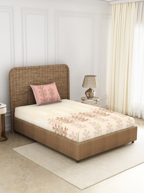 

SPACES Beige & Pink 144 TC Single Floral Cotton Bedsheet with 1 Pillow Covers