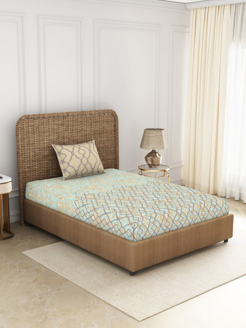 

SPACES Teal & Beige 144 TC Single Cotton Anti-Viral Bedsheet with 1 Pillow Covers