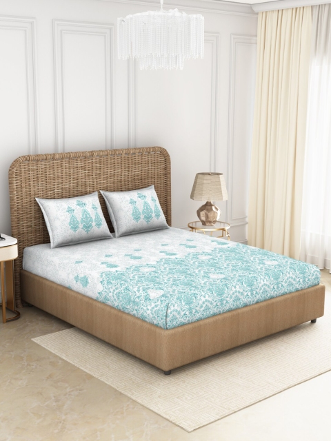 

SPACES Teal & Grey Ethnic Motifs 144 TC Pure Cotton Queen Bedsheet with 2 Pillow Covers
