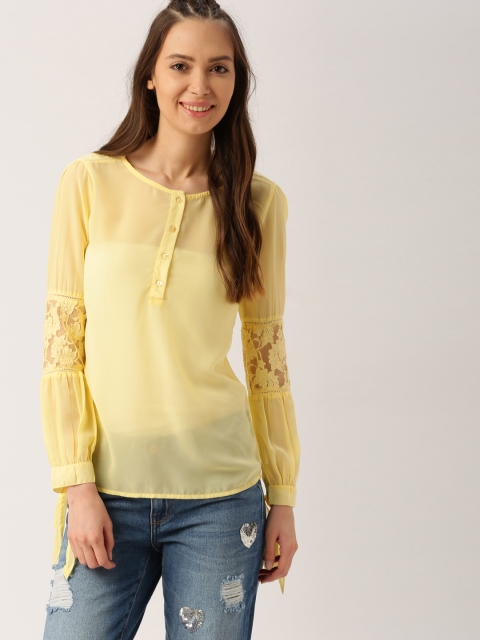 

DressBerry Women Yellow Lace Sheer Top