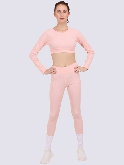 

EVERDION Women Peach-Coloured Ribbed Pure Cotton Crop Top & Tights