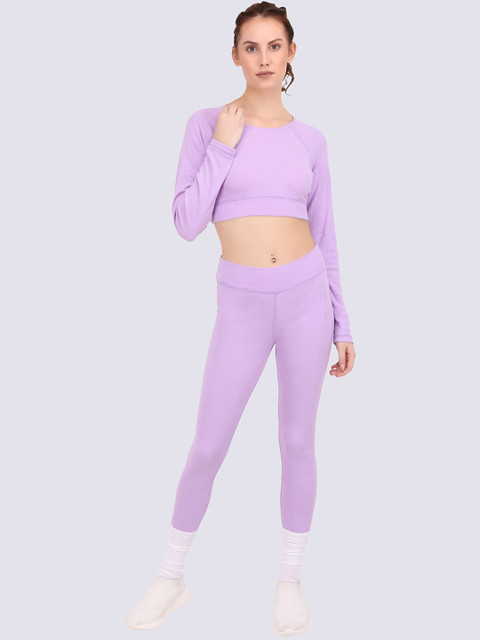 

EVERDION Women Purple Pure Cotton Slim Fit Top With Leggings Co-Ords