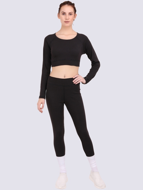 

EVERDION Women Black Ribbed Bralette Crop Top & Leggings Co-ord Set