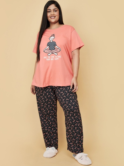 

max Plus Size Women Peach-Coloured & Black Printed Pure Cotton Night suit