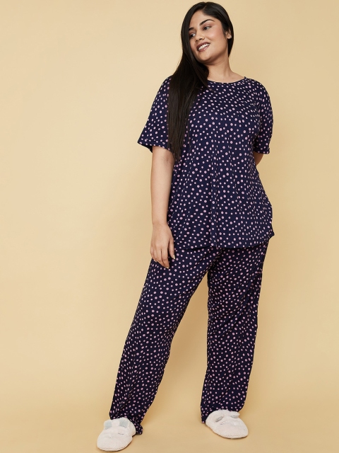 

max Women Plus Size Navy Blue & Pink Polka Dots Printed Night Suit