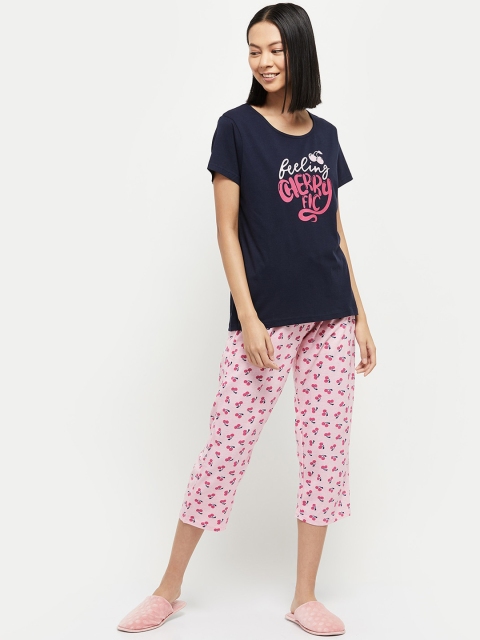 

max Women Navy Blue & Pink Printed Cotton Capri Night suit