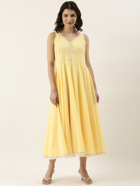 

SWAGG INDIA Women Yellow & Off White Chikankari Embroidered A-Line Midi Dress