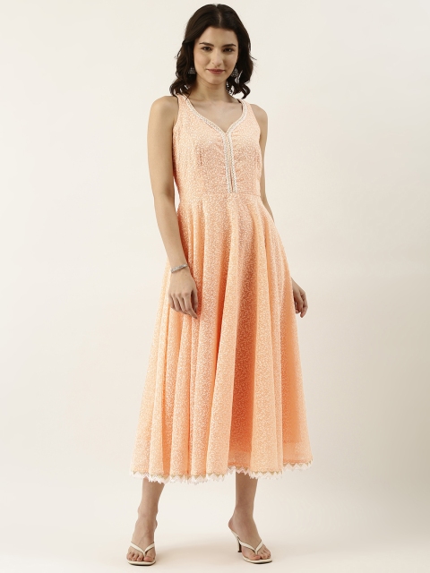 

SWAGG INDIA Women Peach-Coloured & Off White Chikankari Embroidered A-Line Midi Dress