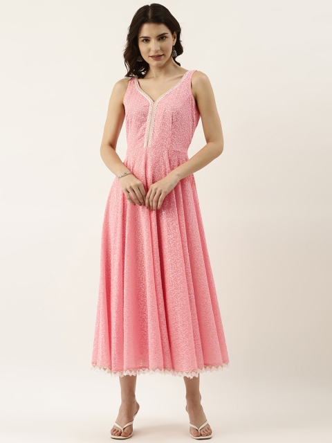 

SWAGG INDIA Women Pink & Off White Chikankari Embroidered A-Line Midi Dress