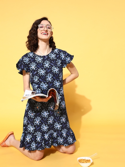 

beebelle Women Deep Navy Blue Floral Feminine Frills Dress