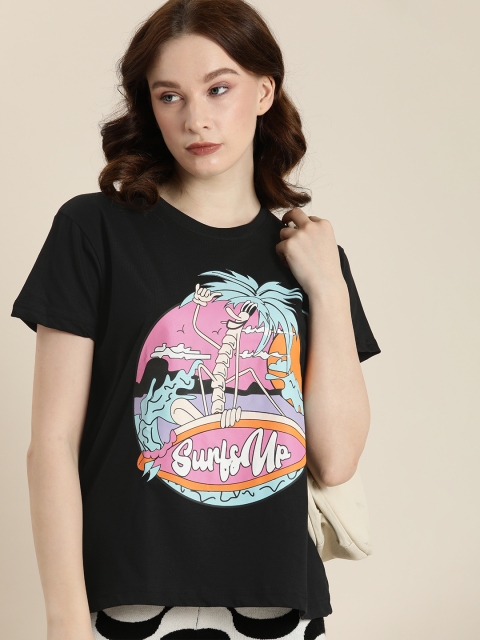 

DILLINGER Women Black & Blue Printed Pure Cotton Boxy T-shirt
