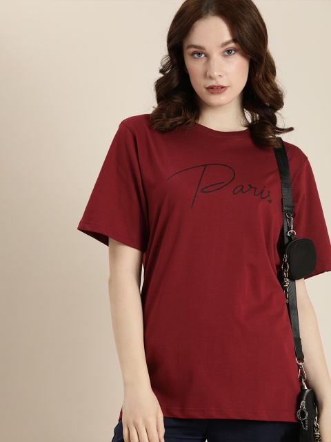 

DILLINGER Women Maroon & Black Typography Printed Pure Cotton Loose T-shirt